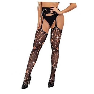 Rhinestone Fishnet Stockings High Waist Tights Sexy Fishnets One Size Black-3